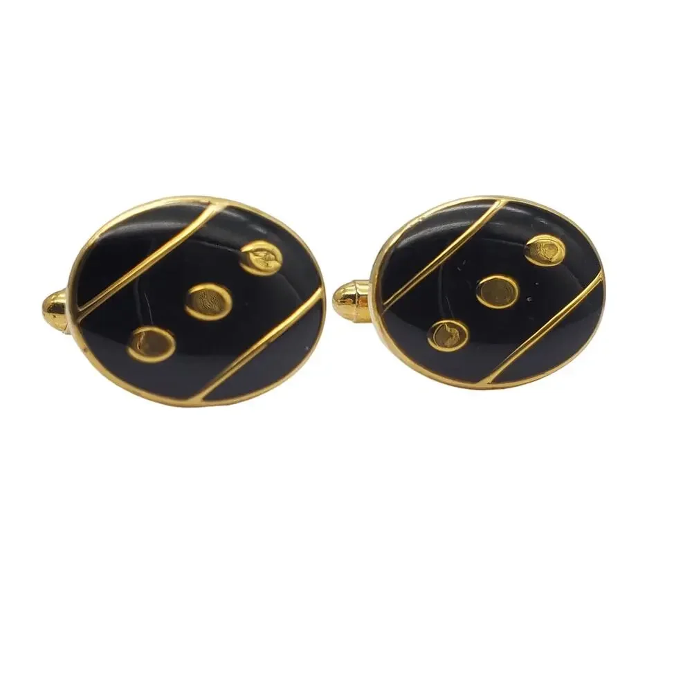 Oval Black Enamel Cufflinks Gold Tone Dot Stripe Deco Retro Vintage Mens Jewelry